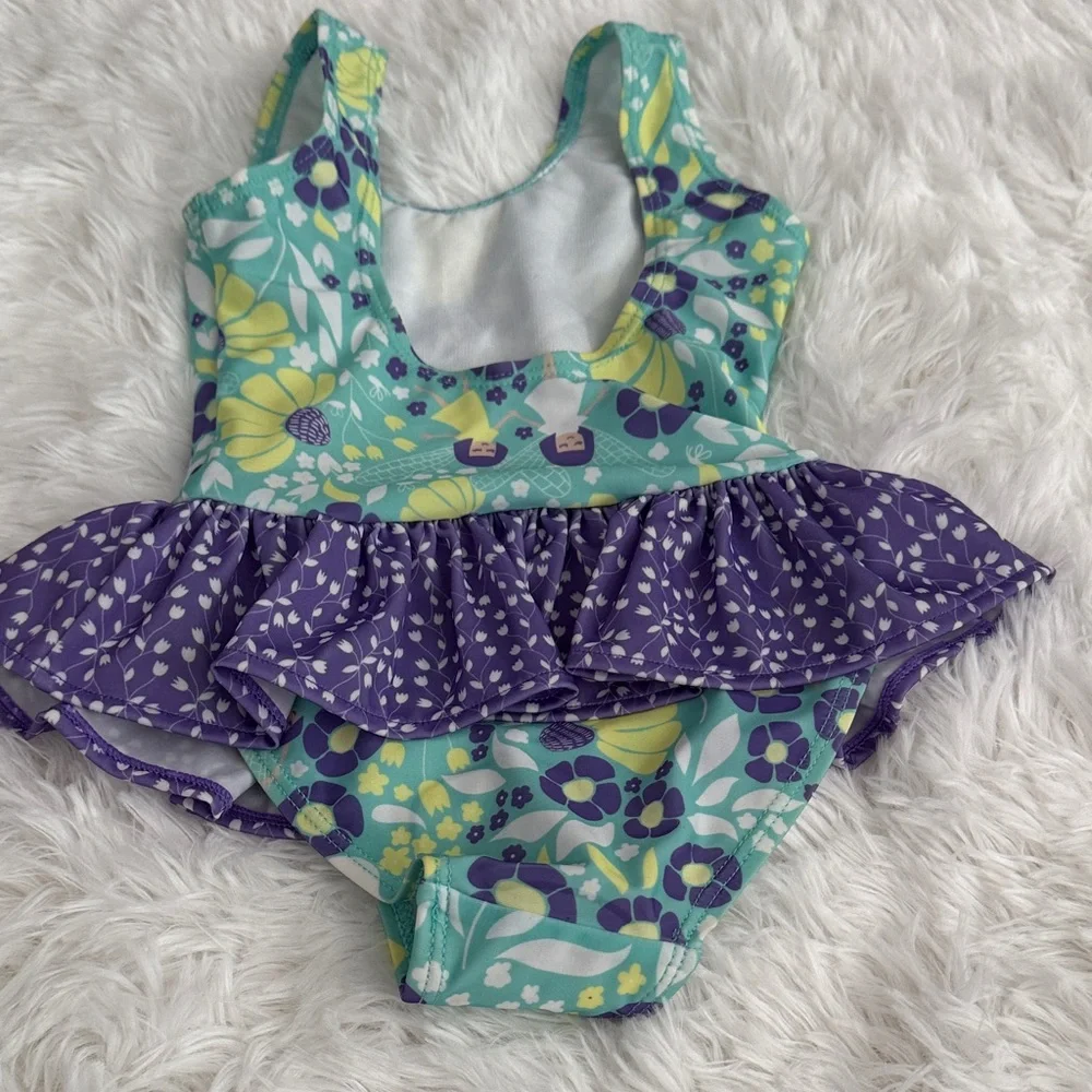 Flap Happy Teal and Purple Floral Ruffle One-Piece Swimsuit